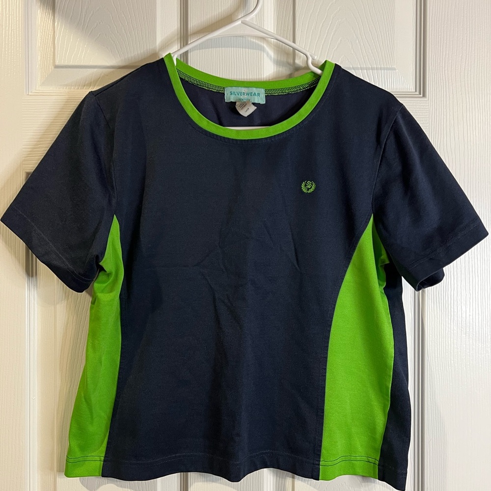 Y2K Color-block Paneled Navy Blue/Green Shirt Womens Sz L